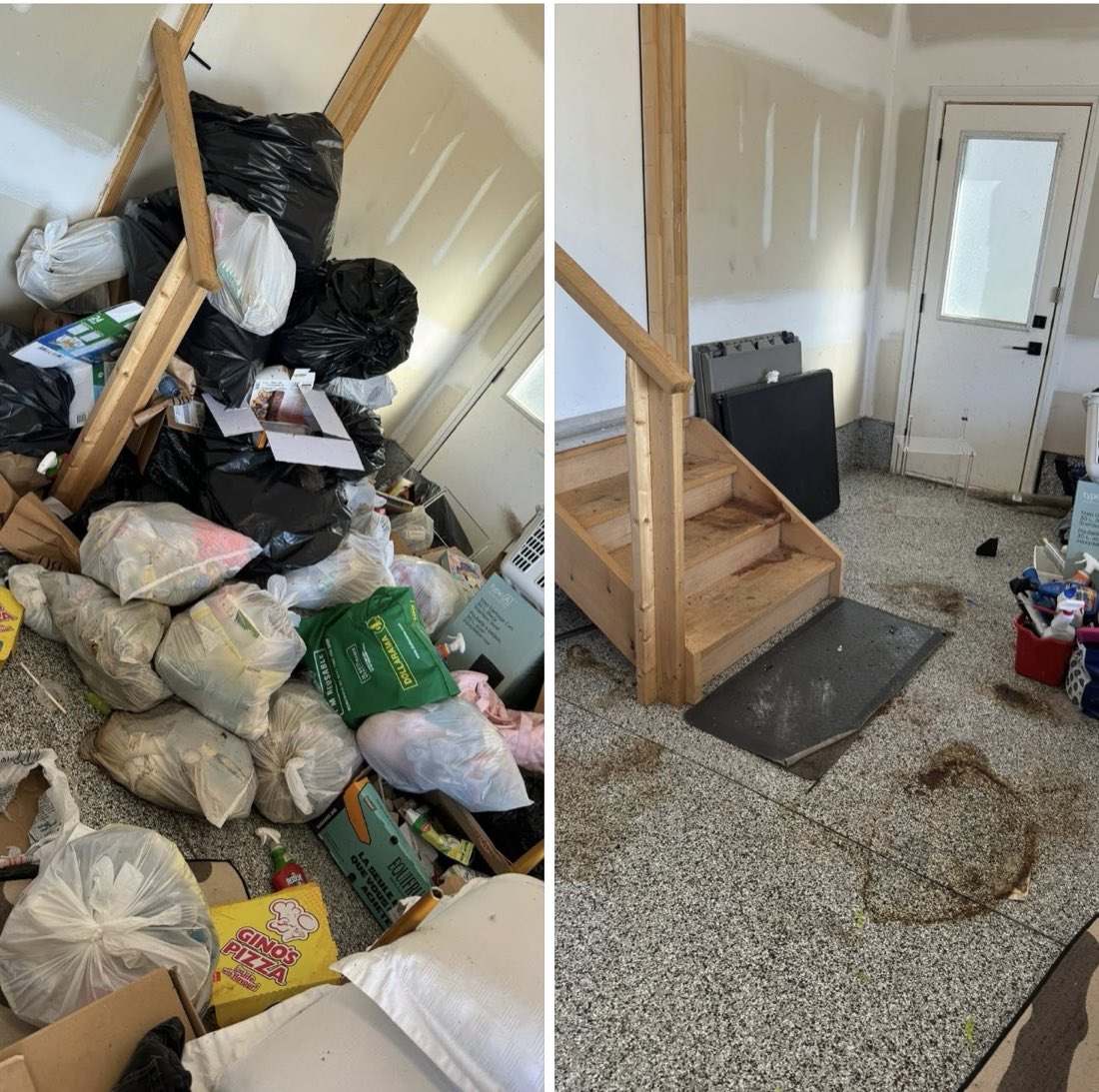 Before and after of a room piled with garbage bags and clutter, then completely emptied and swept