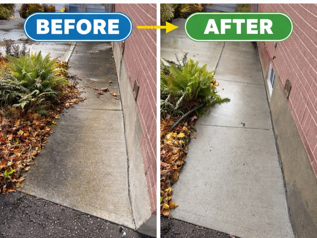 Before and after of a leaf-covered concrete walkway pressure washed back to a clean, even grey finish